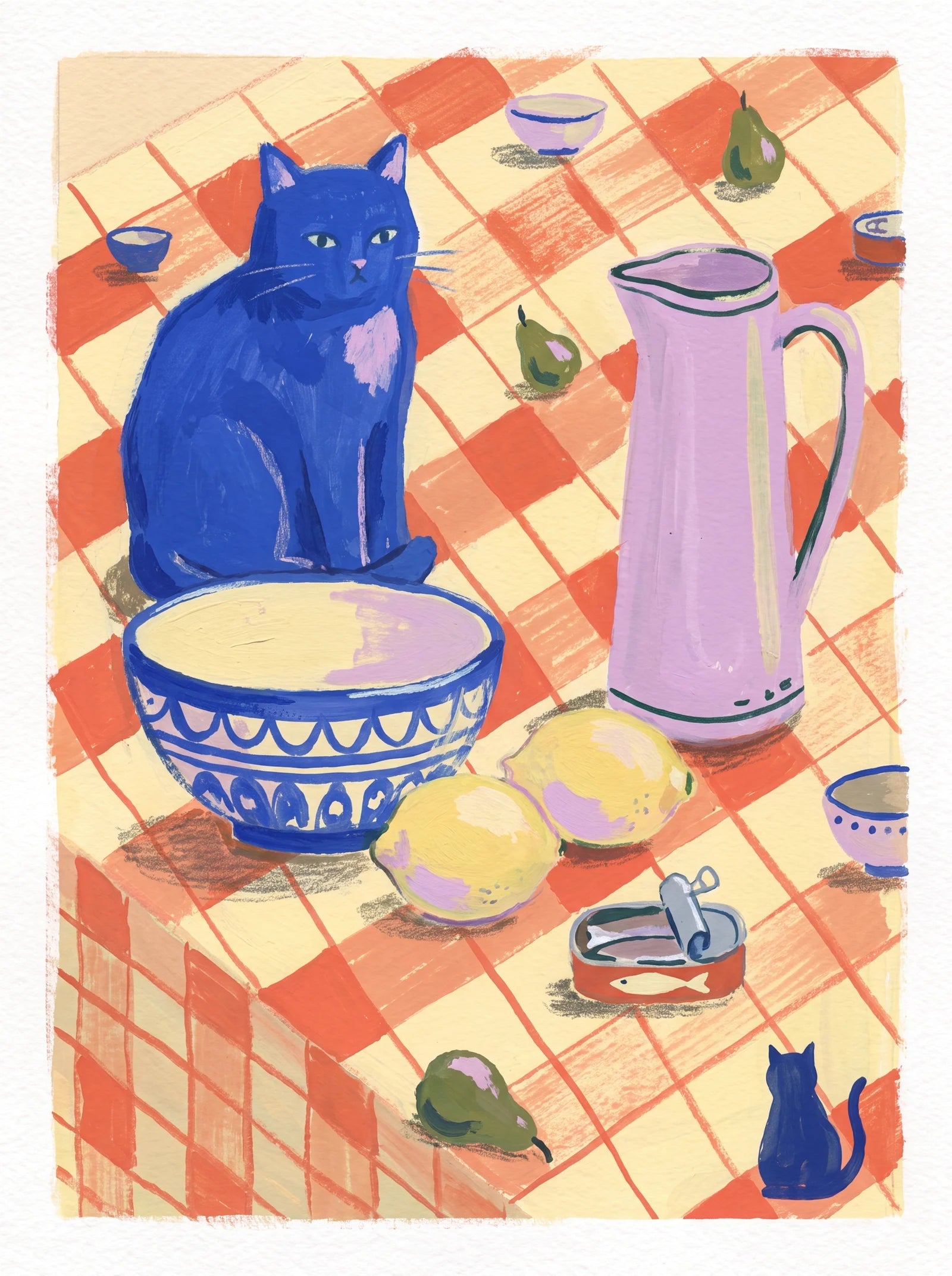 Lunch with a Blue Cat, an AI-generated art print