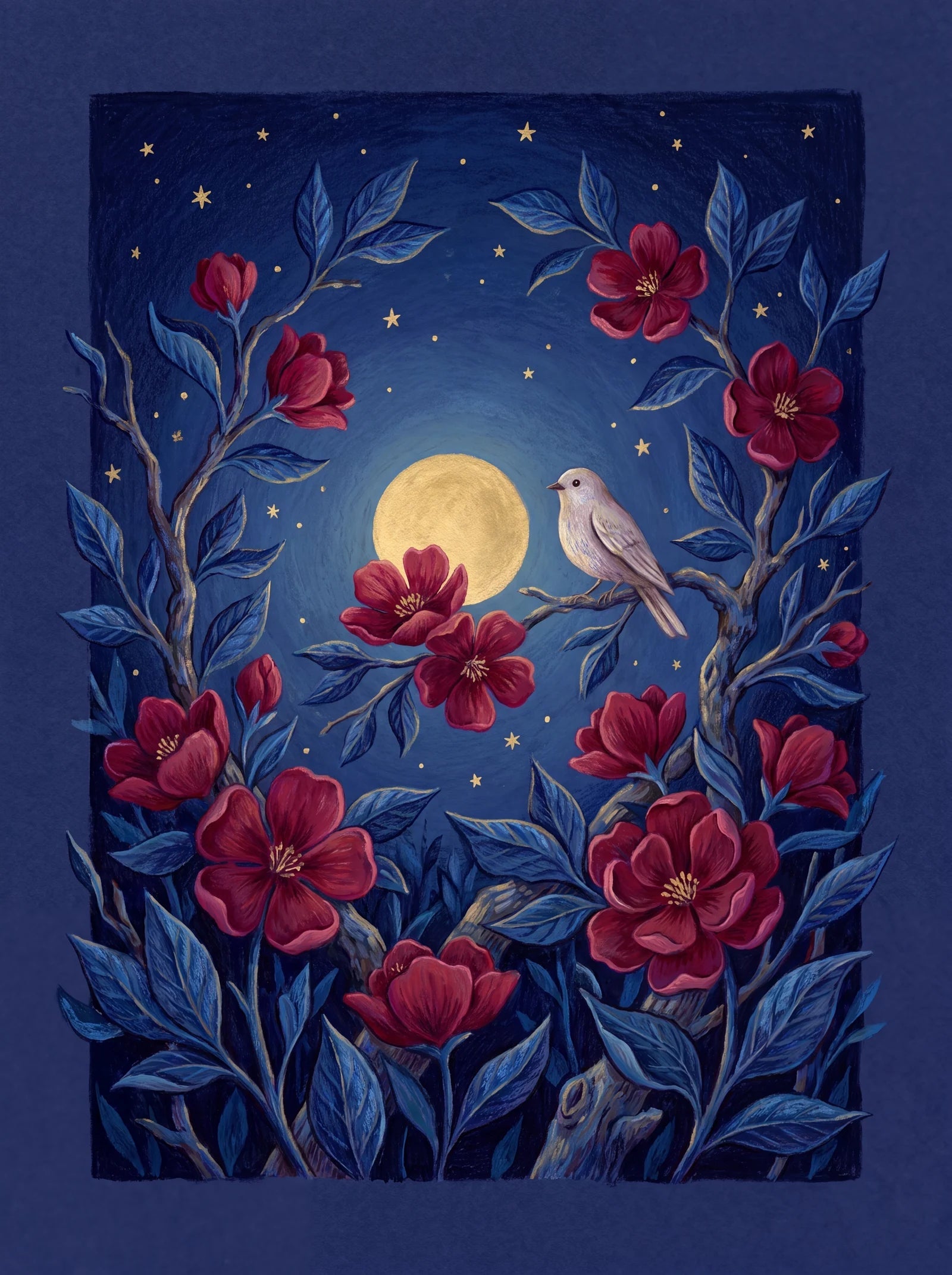 Red Flowers, Blue Hour, an AI-generated art print